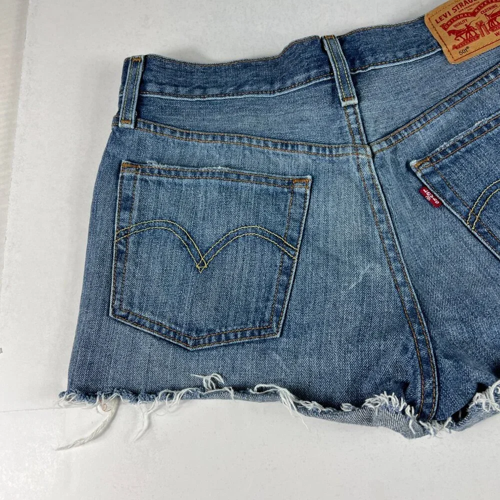 Levi's Jean Short Women 28 501 High Rise Blue Whisker Cut Off Cotton Denim Jorts - Picture 9 of 16